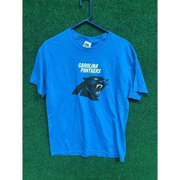 90s Carolina Panthers NFL Majestic TAG Size Large Blue T-Shirt HUGE logo Unisex - Picture 1 of 7
